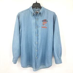 Vintage ‘98 Super Bowl XXXII Broncos Embroidered Chambray Shirt Mens Size Medium
